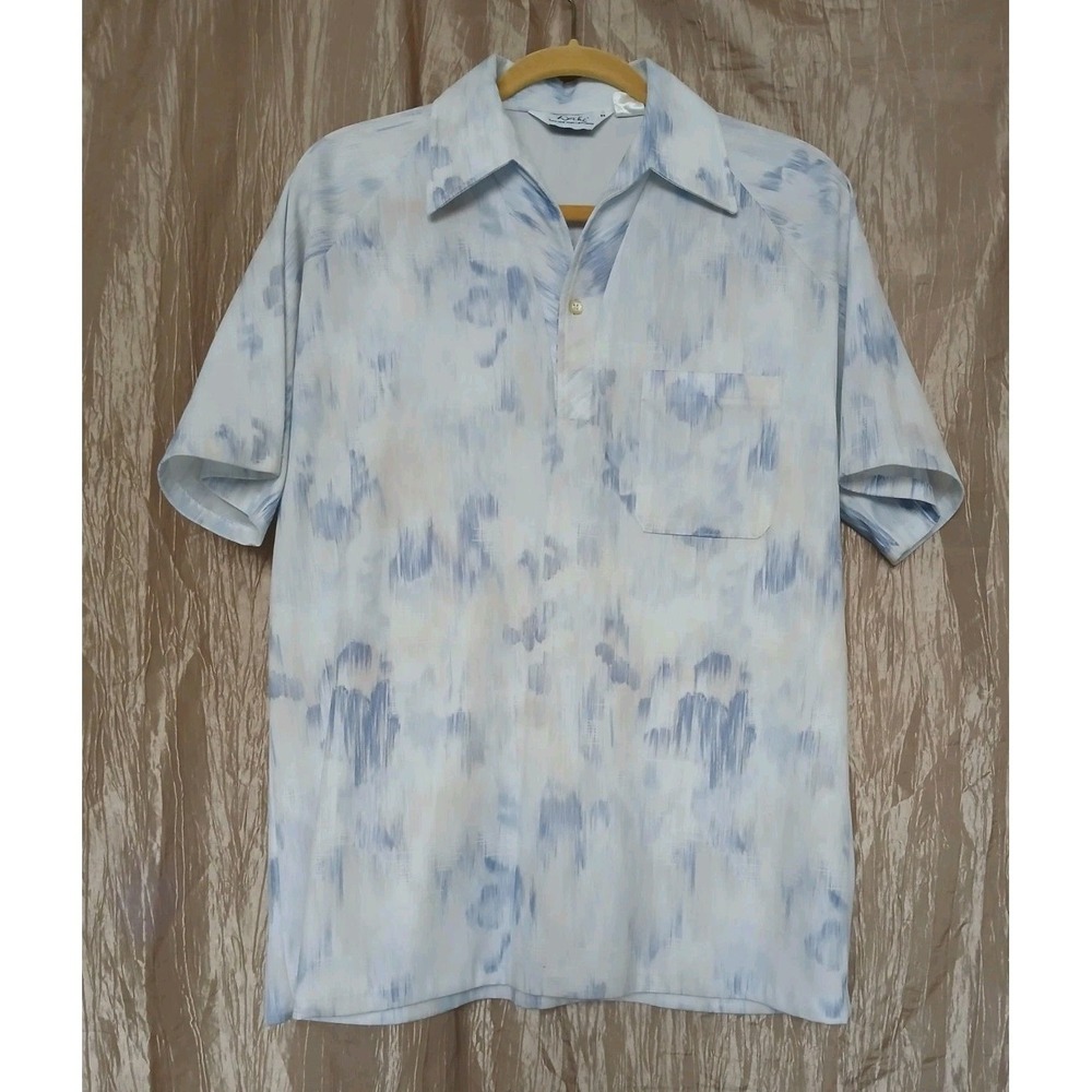 Vintage 1970s Lilly Dache Abstract Shirt Mens M Disco Geometric 70s White Blue